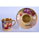 Royal Worcester coffee can and saucer painted with fruit by H. Ayrton, signed date code for 1926.