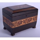 A VICTORIAN TUNBRIDGE WARE RECTANGULAR TEA CADDY decorated with foliage and geometric motifs. 21 cm