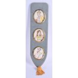 A SET OF THREE 19TH CENTURY INDIAN PAINTED IVORY PORTRAIT MINIATURES within a fitted frame. Each ivo