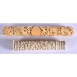 A 19TH CENTURY CHINESE CARVED IVORY NEEDLE CASE AND COVER Qing. Largest 15 cm long. (2)