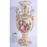 A RARE LARGE 19TH CENTURY EUROPEAN PORCELAIN VASE with highly unusual bisque figures to each side su