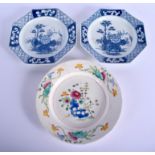 18th c. Bow plates one with famille rose decoration and two octagonal painted in blue and white both