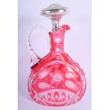 A CRANBERRY FLASH GLASS SILVER DECANTER. 24 cm x 11 cm.