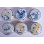 SIX CHINESE CA MAU CARGO PORCELAIN COSMETIC BOXES AND COVERS painted with flowers. 6.5 cm diameter.