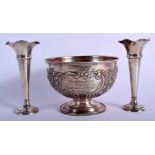 AN ANTIQUE SILVER DOG TROPHY BOWL and two silver vases. 450 grams overall. (3)