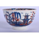 18th c. Worcester tea bowl painted in under glaze blue and over glaze red with the Candle Fence Pav