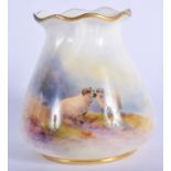 A ROYAL WORCESTER CRIMPED HIGHLAND SHEEP VASE by Harry Davis. 8 cm x 6.5 cm.