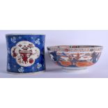 A LARGE CHINESE BLUE AND WHITE BITONG BRUSH POT 20th Century, together with an imari bowl. Largest 2