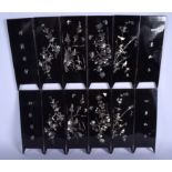 A PAIR OF 1960S ORIENTAL BLACK LACQUER AND MOTHER OF PEARL SCREENS decorated with fish and birds. 80