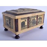 A MID 19TH CENTURY ANGLO INDIAN CARVED IVORY AND TORTOISESHELL CASKET depicting buildings and extens