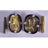 A PAIR OF CONTINENTAL JEWELLED SILVER GILT CUFFLINKS. 20 grams.