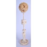 A LARGE 19TH CENTURY CHINESE CANTON CARVED IVORY PUZZLE BALL ON STAND Late Qing. 32 cm x 6 cm.