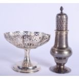 AN ANTIQUE SUGAR SIFTER and a silver bon bon dish. 140 grams. (2)