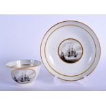 Late 18th/early 19th c. Wolfe Mason (Factory Z) tea bowl and saucer painted with sailing ships.