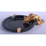 AN UNUSUAL CONTINENTAL SILVER GILT AND JADE ASHTRAY modelled with a panther drinking from a pool. 15