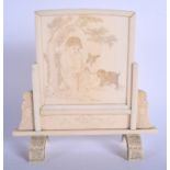 A 19TH CENTURY JAPANESE MEIJI PERIOD CARVED BONE SCHOLARS SCREEN ON STAND decorated with figures, b