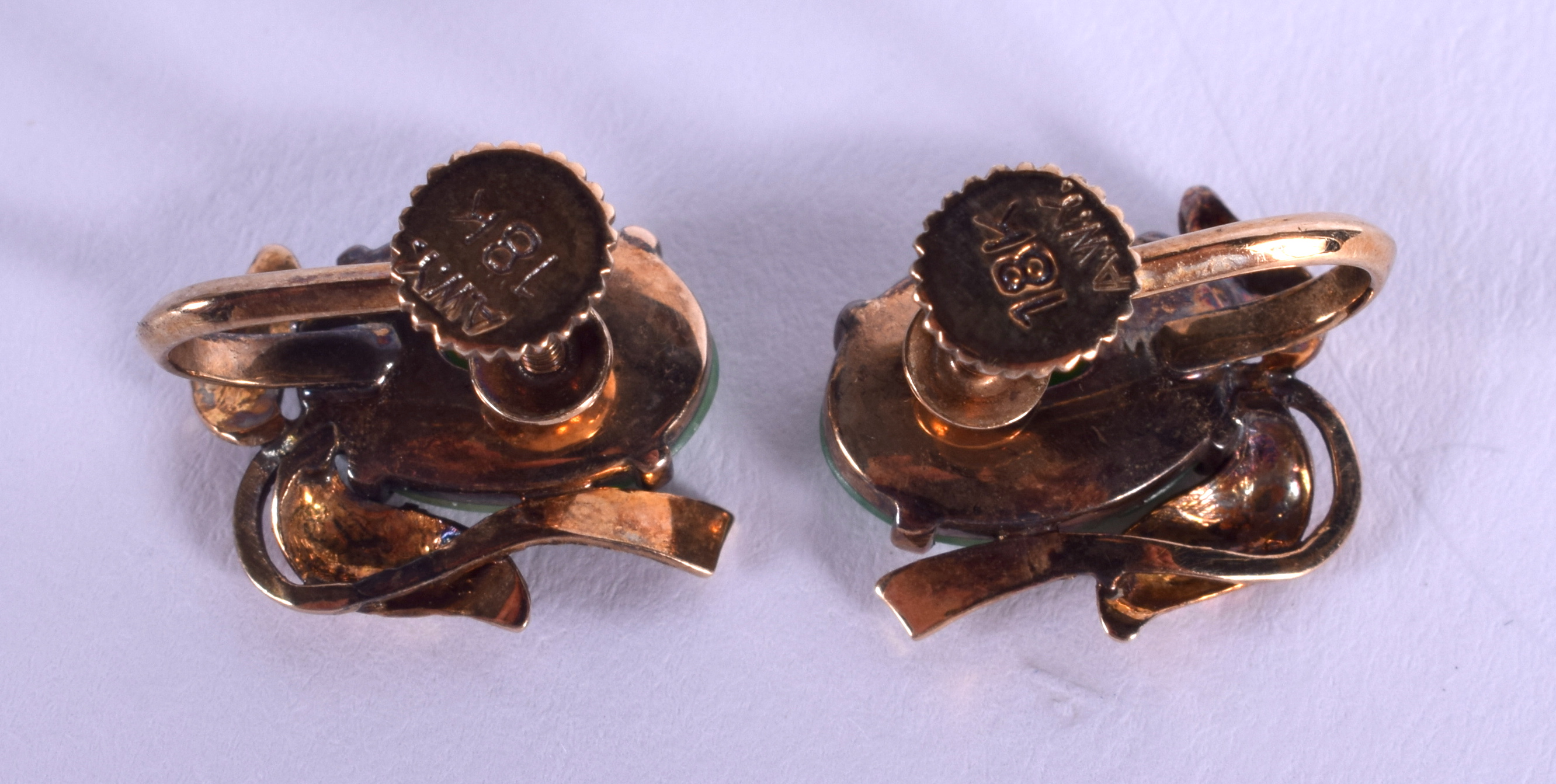 A PAIR OF 18CT GOLD MOUNTED JADEITE EARRINGS. 4 grams. Jadeite 1.5 cm x 1 cm. - Image 2 of 3