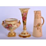 19th /20th c. Royal Worcester blush ivory: a conical vase on a raised foot, a two handled urn and a