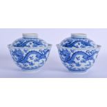 A PAIR OF CHINESE BLUE AND WHITE PORCELAIN DRAGON BOWLS AND COVERS 20th Century, bearing Qianlong ma