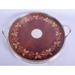 A CHARMING VINTAGE SILVER MOUNTED INLAID WOODEN TRAY. 32 cm wide.
