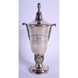 A TWIN HANDLED ARTS AND CRAFTS STYLE SILVER TROPHY. Birmingham 1928. 320 grams. 24 cm high.