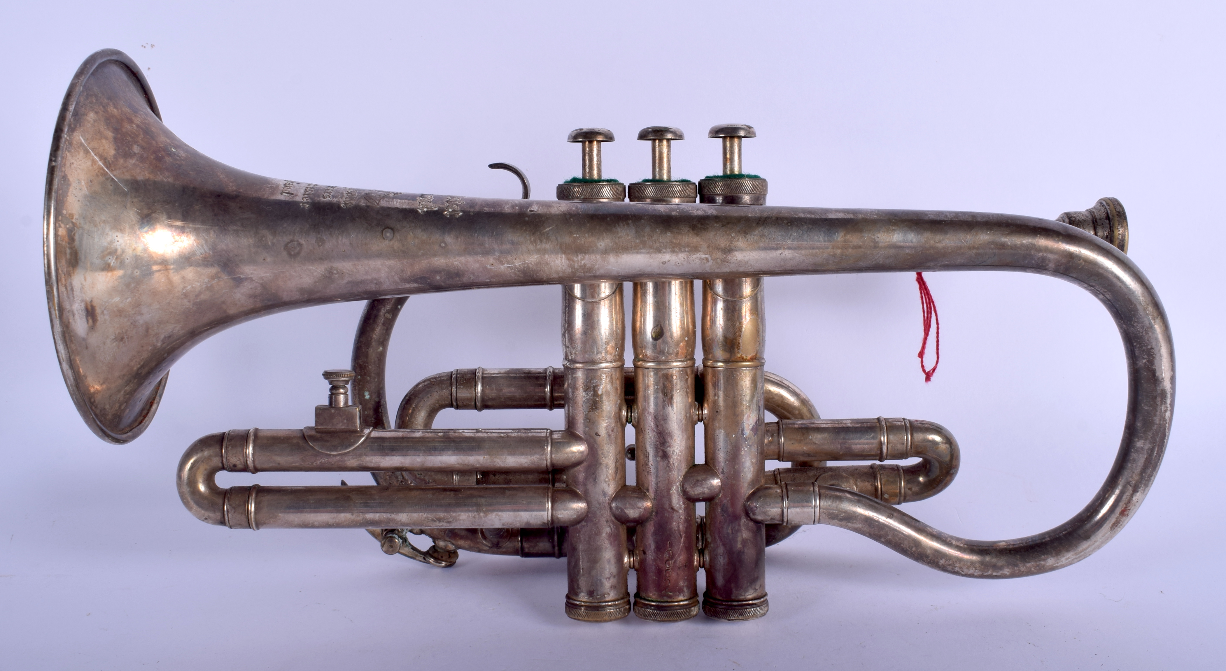 A VINTAGE HIGHLAND CLEAR BORE CORNET MUSICAL INSTRUMENT Class A, Soloist. 33 cm x 20 cm. - Bild 2 aus 4