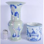 A LARGE CHINESE CELADON YEN YEN VASE 20th Century, together with a similar brush pot. Largest 45 cm