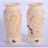 A FINE PAIR OF 19TH CENTURY JAPANESE MEIJI PERIOD CARVED BONE VASES shibayama inlaid with insects a