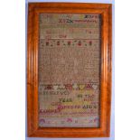 AN 18TH CENTURY ENGLISH FRAMED EMBROIDERED SAMPLER C1784. Image 40 cm x 24 cm.