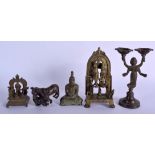 FIVE 19TH CENTURY INDIAN HINDU BRONZE FIGURES including a small shrine. Largest 14 cm x 8 cm. (5)