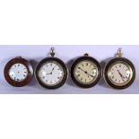 FOUR 18TH/19TH CENTURY ENGLISH HANGING CIRCULAR WALL CLOCKS formed within rosewood etc. Largest 14.5