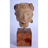 AN UNUSUAL MIDDLE EASTERN PAINTED STUCCO HEAD modelled upon a wood plinth. Head 9 cm x 6 cm.