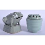 AN EARLY 20TH CENTURY KOREAN CELADON GE TYPE GLAZED FROG together with a similar censer. Largest 13