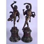 A PAIR OF LATE 18TH CENTURY EUROPEAN BRONZE FIGURES OF MUSICIANS modelled upon green marble bases. 3
