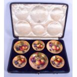 A RARE CASED SET OF ANTIQUE ROYAL WORCESTER FRUITED PAINTED DISHES retailed by Asprey, including exa