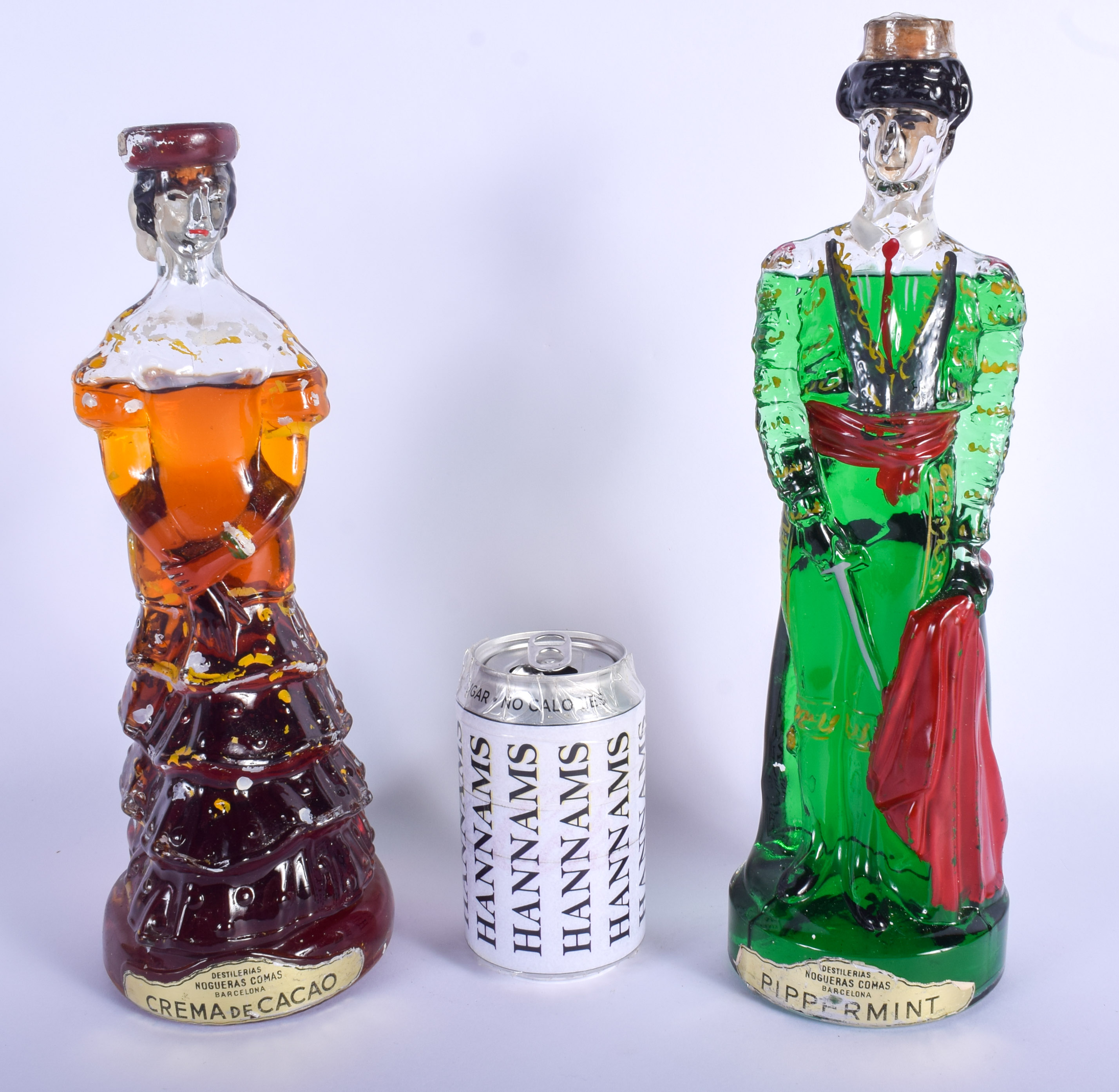 TWO VINTAGE SPANISH GLASS LIQUOR DECANTERS AND STOPPERS Barcelona. Largest 34 cm high. (2)