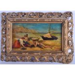 European School (19th Century) Oil on board, Peasants by the beach. Image 16 cm x 9.5 cm.