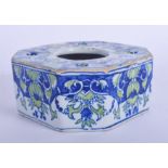 AN 18TH CENTURY CONTINENTAL FAIENCE TIN GLAZED SQUARE INKWELL painted with flowers and scrolls. 9 cm