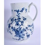 18th c. Worcester early Dutch jug painted blue with the Cabbage Leaf Floral pattern. 20.5cm high