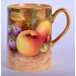 Royal Worcester mug painted with fruit by Roberts, signed, black mark. 7cm high