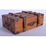 A VINTAGE MINIATURE TEAK BRASS BOUND CABIN TRUNK BOX. 21 cm x 11 cm.
