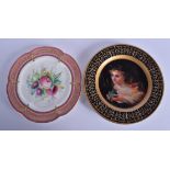 AN EARLY 19TH CENTURY ENGLISH PORCELAIN CABINET PLATE painted with flowers, together with a portrait