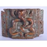 AN 18TH/19TH CENTURY INDIAN PAINTED WOOD PLAQUE depicting Ganesha. 14 cm x 11 cm.