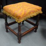 A 17TH/18TH CENTURY OAK JOINT STOOL with upholstered top. 50 cm x 47 cm.