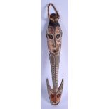 A RARE TRIBAL PAPUA NEW GUINEA SEPIK RIVER DAYAK FISH HOOK HANGING with polychromed remnants. 48 cm