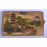 A 1930S JAPANESE TAISHO PERIOD EMBOSSED LEATHER PURSE decorated with landscapes. 21 cm x 13 cm.