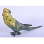 A CONTEMPORARY COLD PAINTED BRONZE BUDGIE. 17 cm x 10 cm.