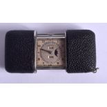 A VERY RARE EARLY 20TH CENTURY MOVADO SHAGREEN CASED TRAVELLING WATCH with unusual calendar and moon
