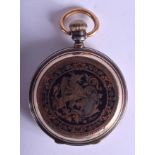 AN ANTIQUE SILVER AND GOLD FULL HUNTER NIELLO POCKET WATCH decorated with a griffin. 5.5 cm diameter