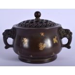 A CHINESE TWIN HANDLED BRONZE CENSER AND COVER 20th Century. 13 cm wide, internal width 7 cm.